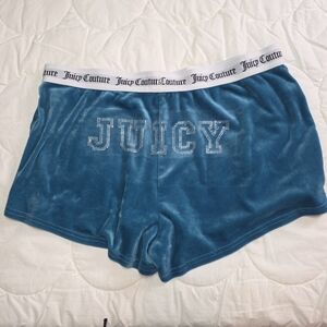 Juicy Couture Teal Velour Shorts L Rhinestone Logo Sleep Lounge Y2K Retro